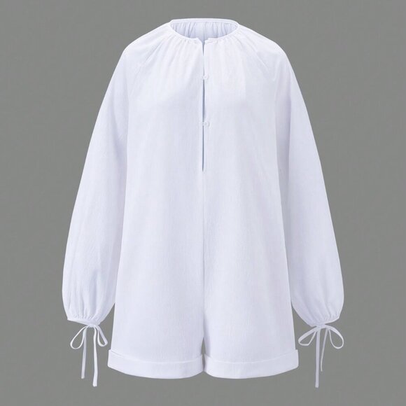 White Cute Women's Solid Color Daily Long Sleeve Romper - Picture 3 of 5